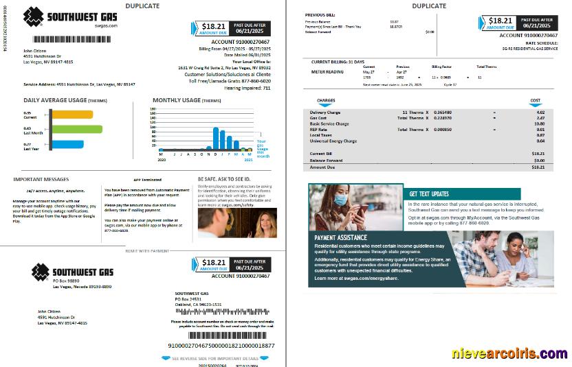 USA Southwest Gas utility bill, 2 pages